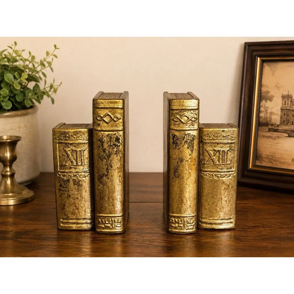 Vintage Gold Bookends Faux Books Roman Numeral Library Shelf Decor Set Pair of 2